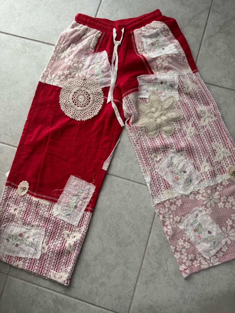 POL Red Patchwork Wide-Leg Boho Pants